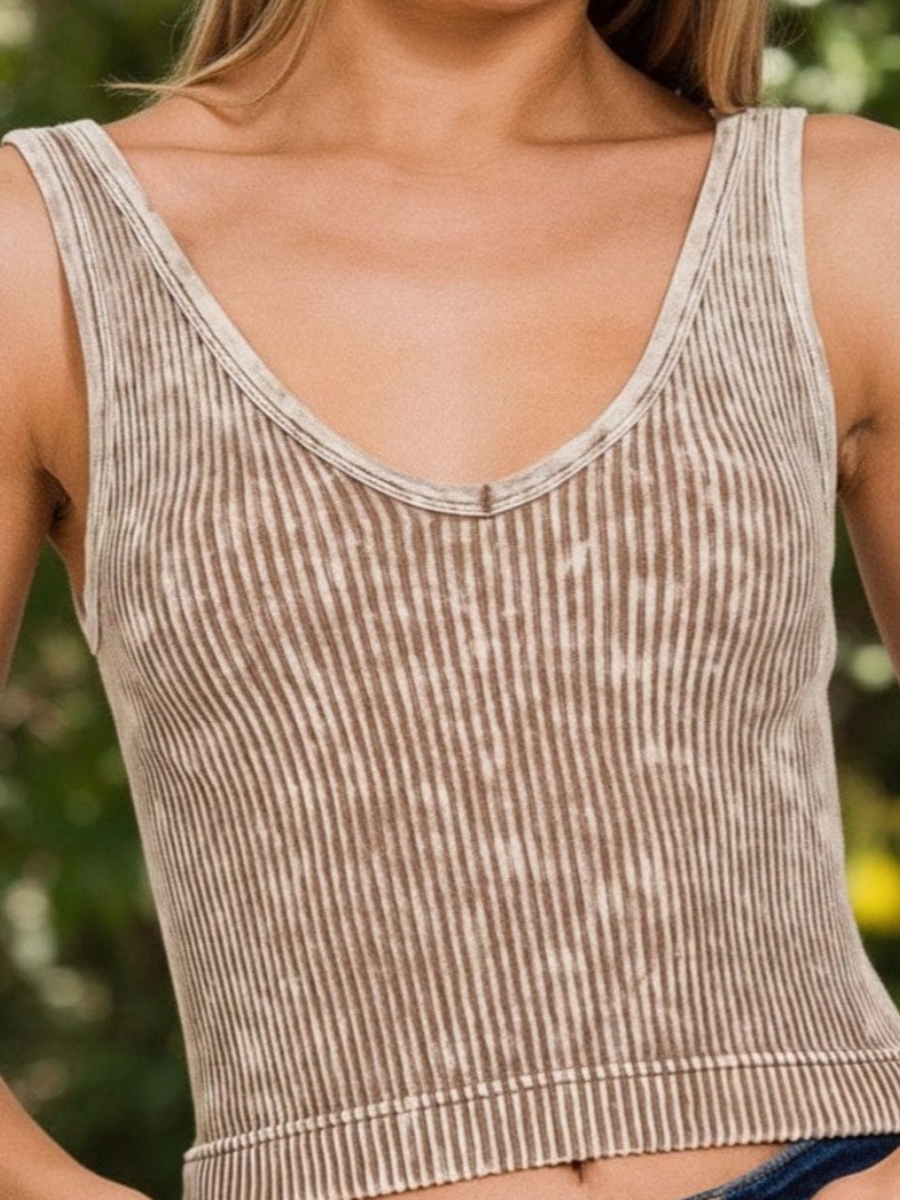 Zenana Washed Ribbed Cropped Tank Top with 2-Way Neckline - MOCHA - S,M,L